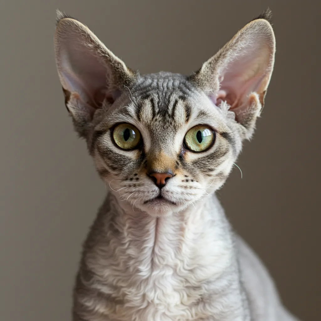 Devon Rex with curly coat and large ears.