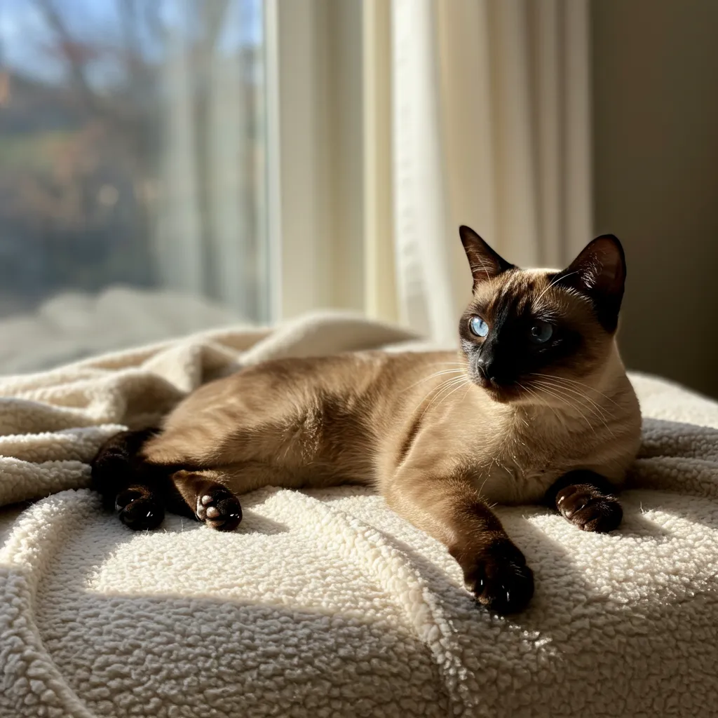 best Siamese cat with blue eyes on a cozy blanket, showcasing its elegant charm.