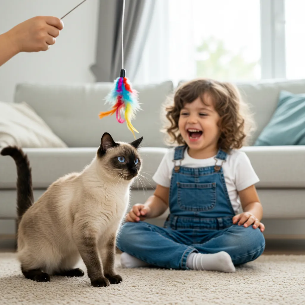  Siamese cat engaging with a child, perfect for family homes.