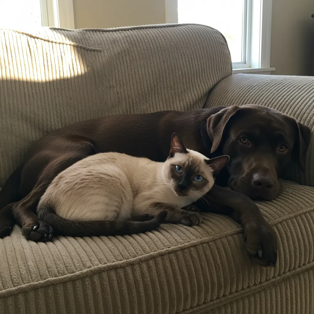 Siamese cat and dog cuddling, highlighting multi-pet harmony.