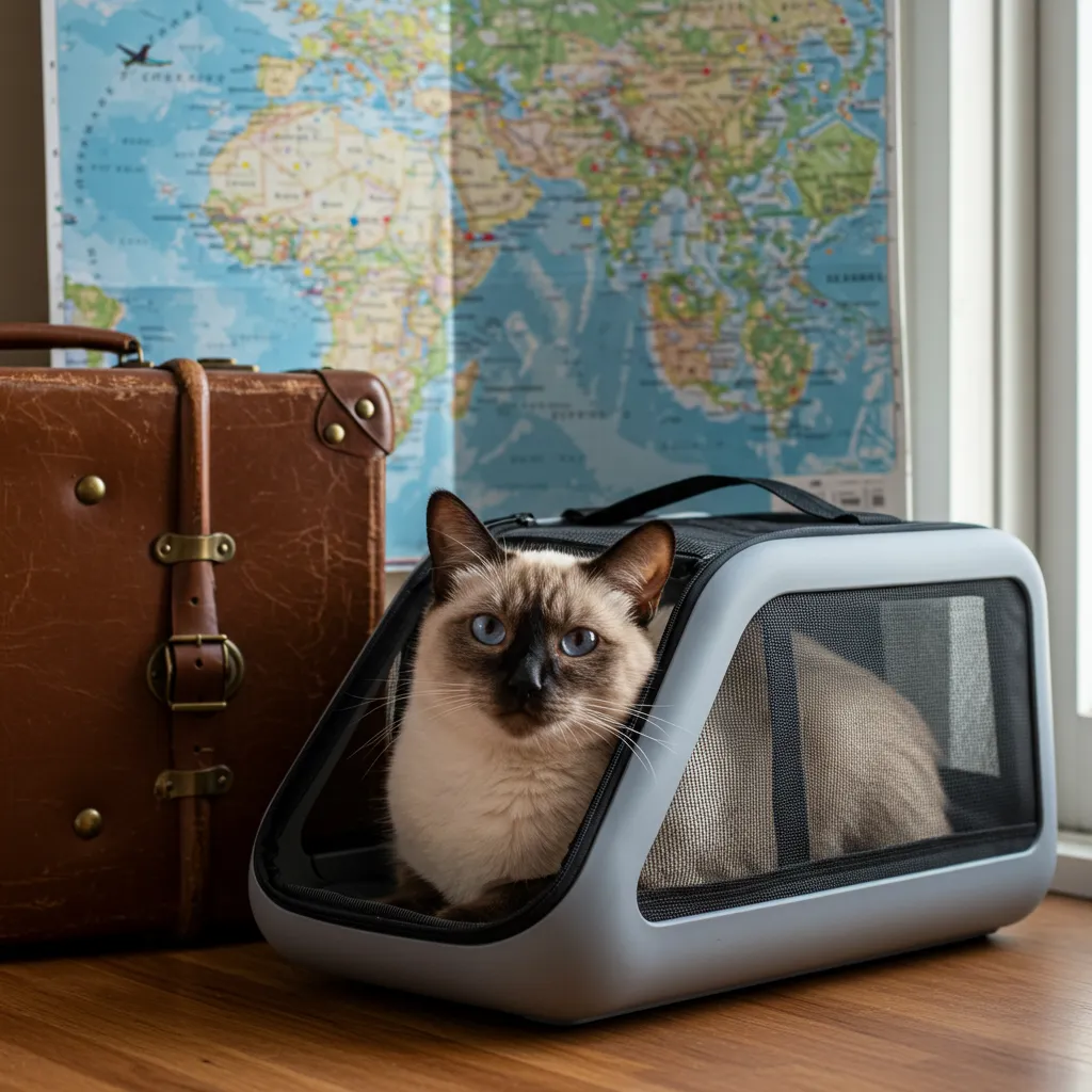 Siamese cat in a travel carrier ready for a journey.