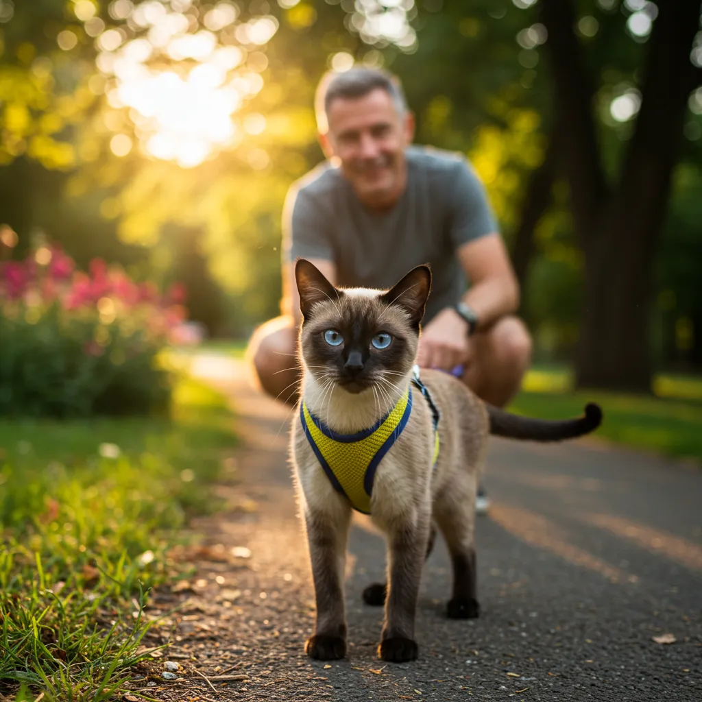 Siamese cat on a harness exploring during a travel stop.