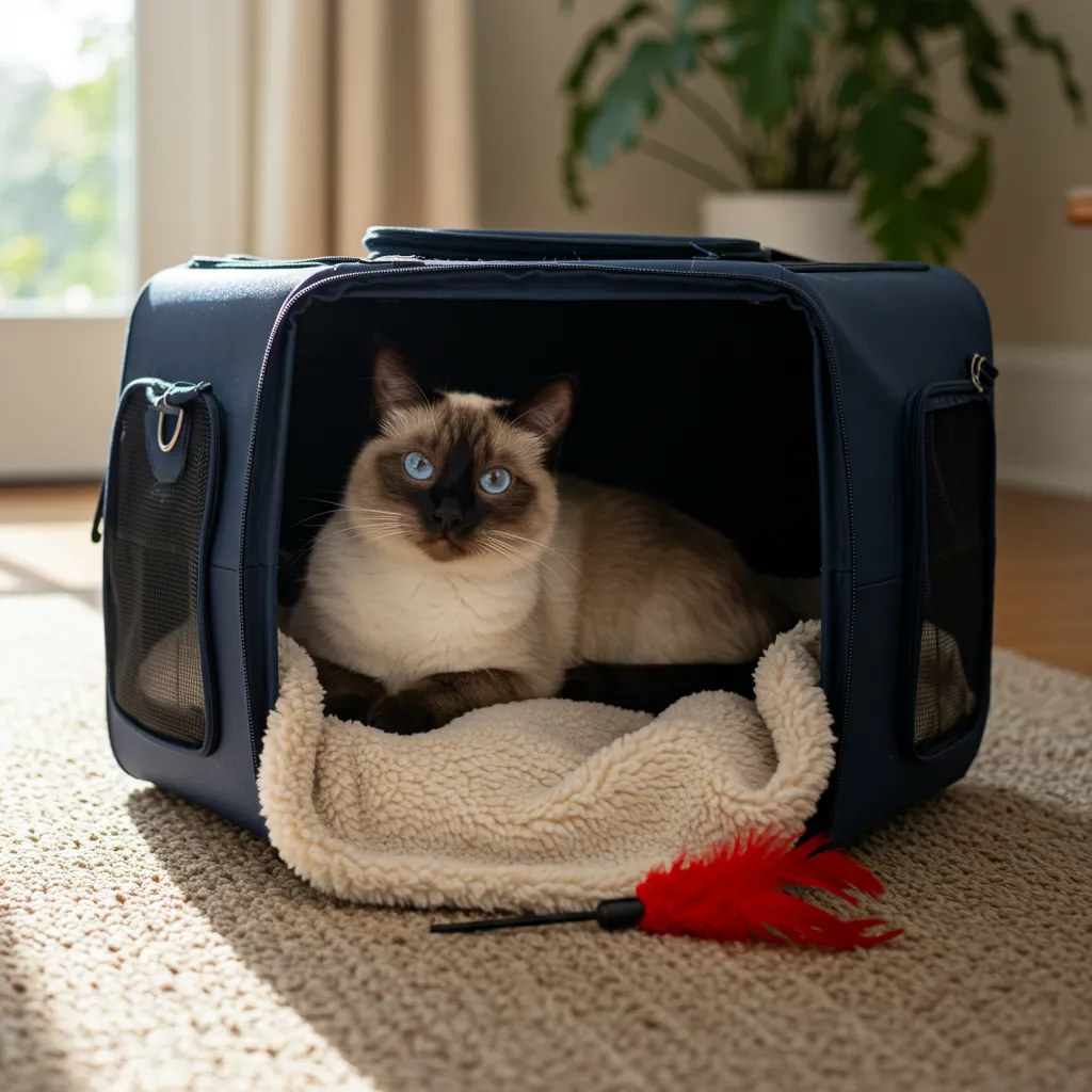 Siamese cat relaxed in a pet carrier during travel prep.