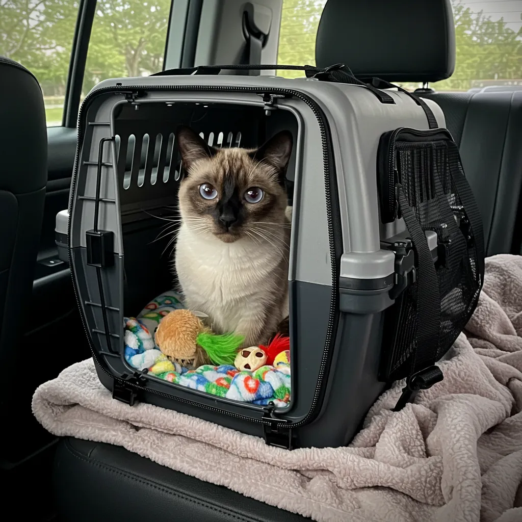 Siamese cat in a carrier during a road trip, looking calm.