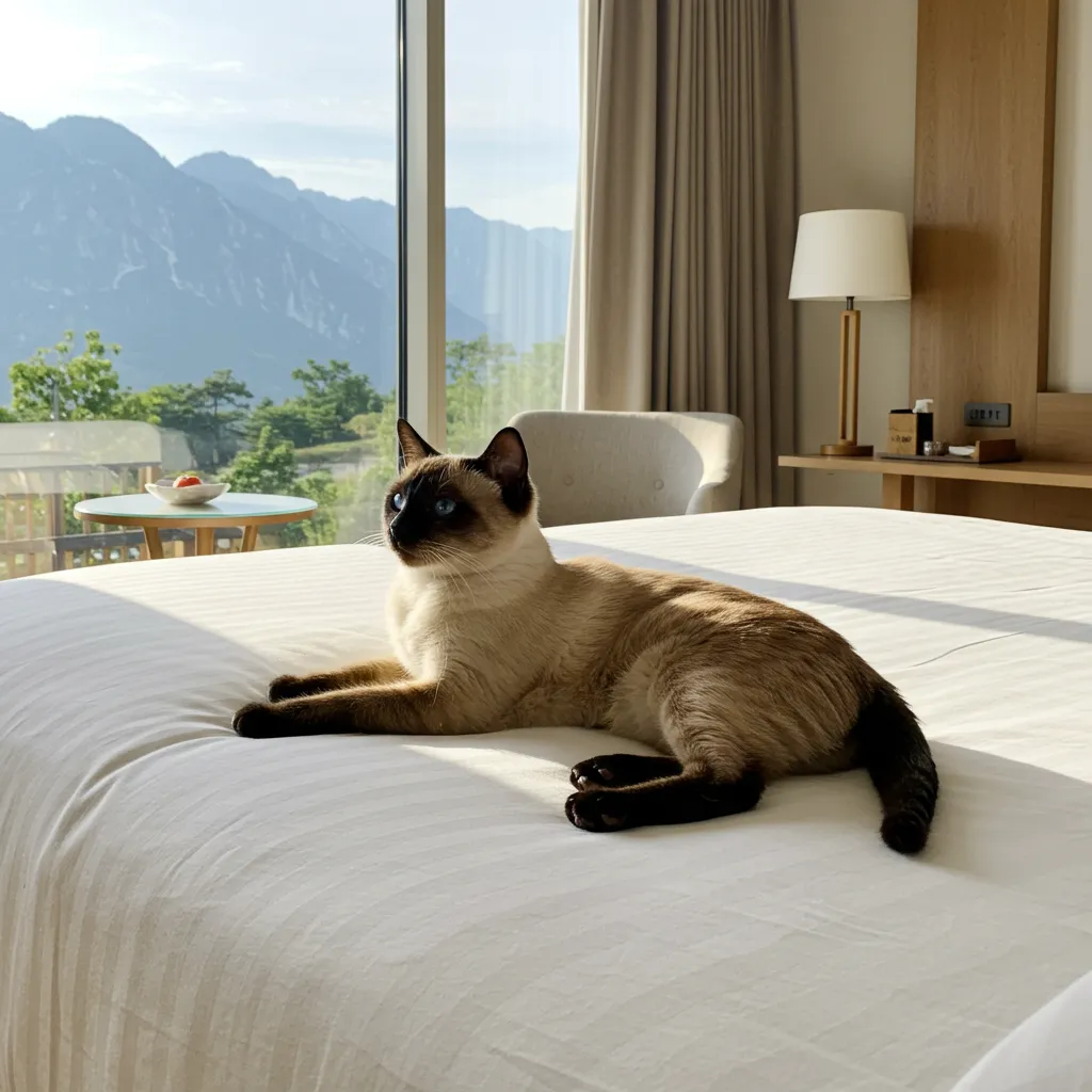 Siamese cat relaxing in a pet-friendly hotel during travel.