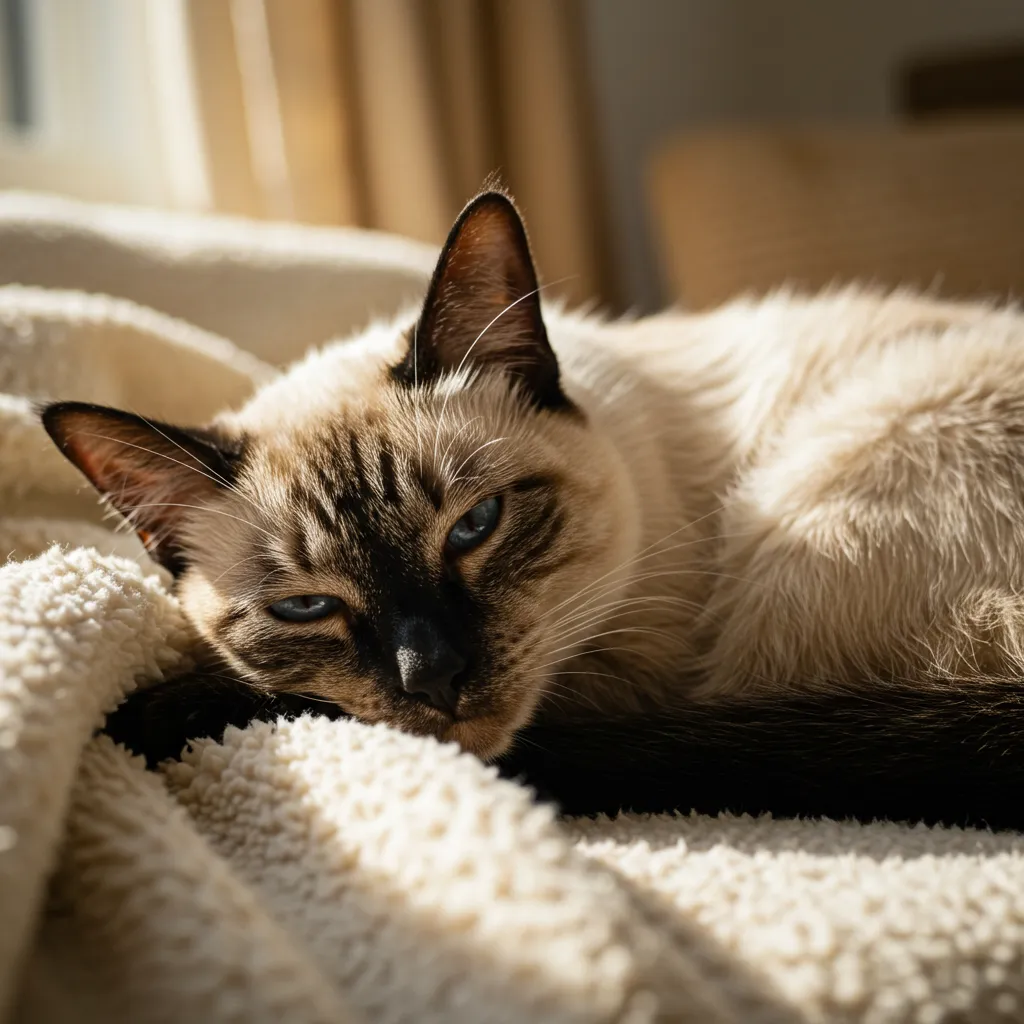 Siamese cat sleeping peacefully on a cozy blanket.