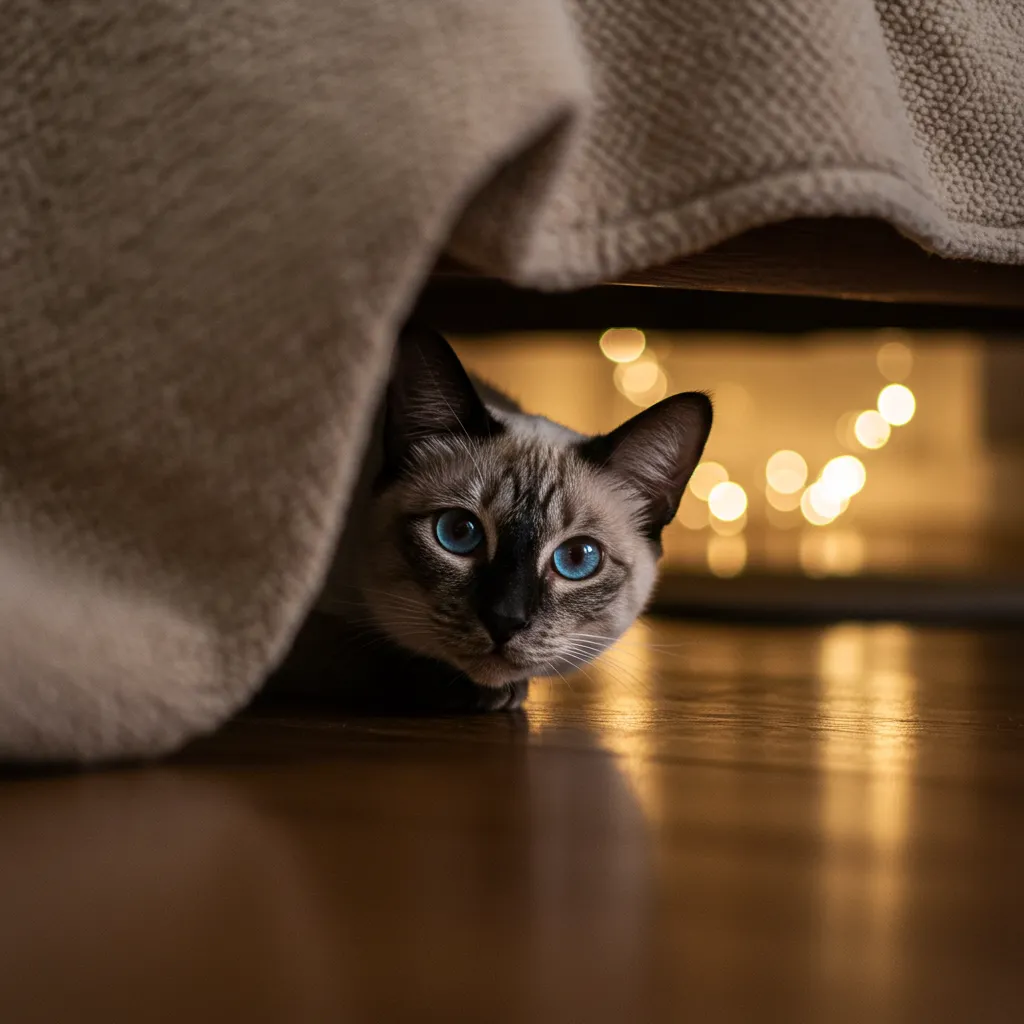Siamese cat hiding under bed with curious blue eyes.