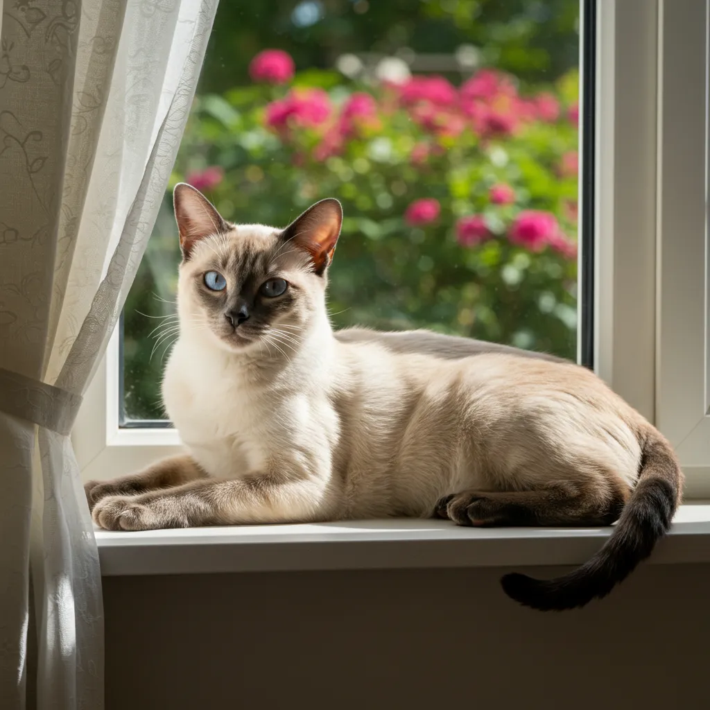 Confident Siamese cat on windowsill.