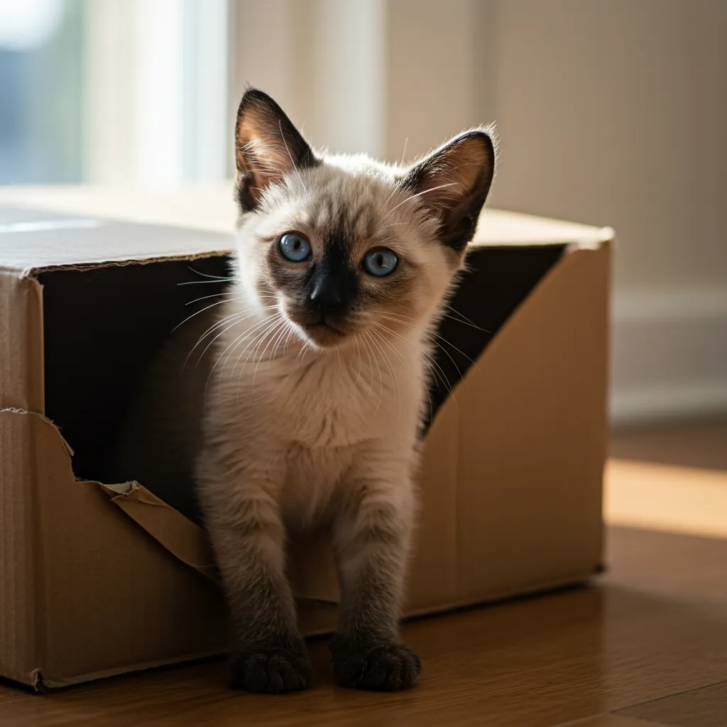 Siamese kitten hiding in box.