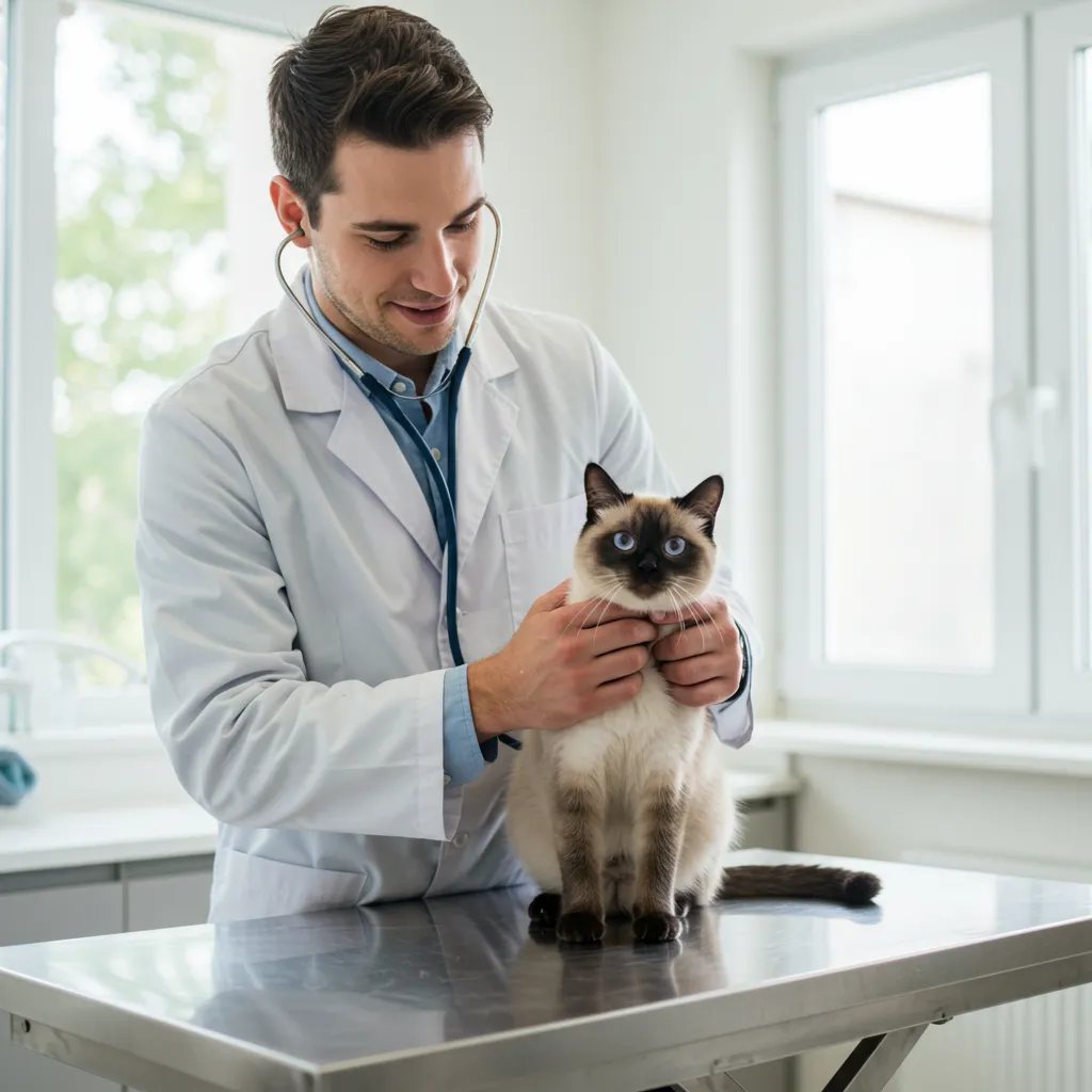 Vet checking Siamese cat for health issues.
