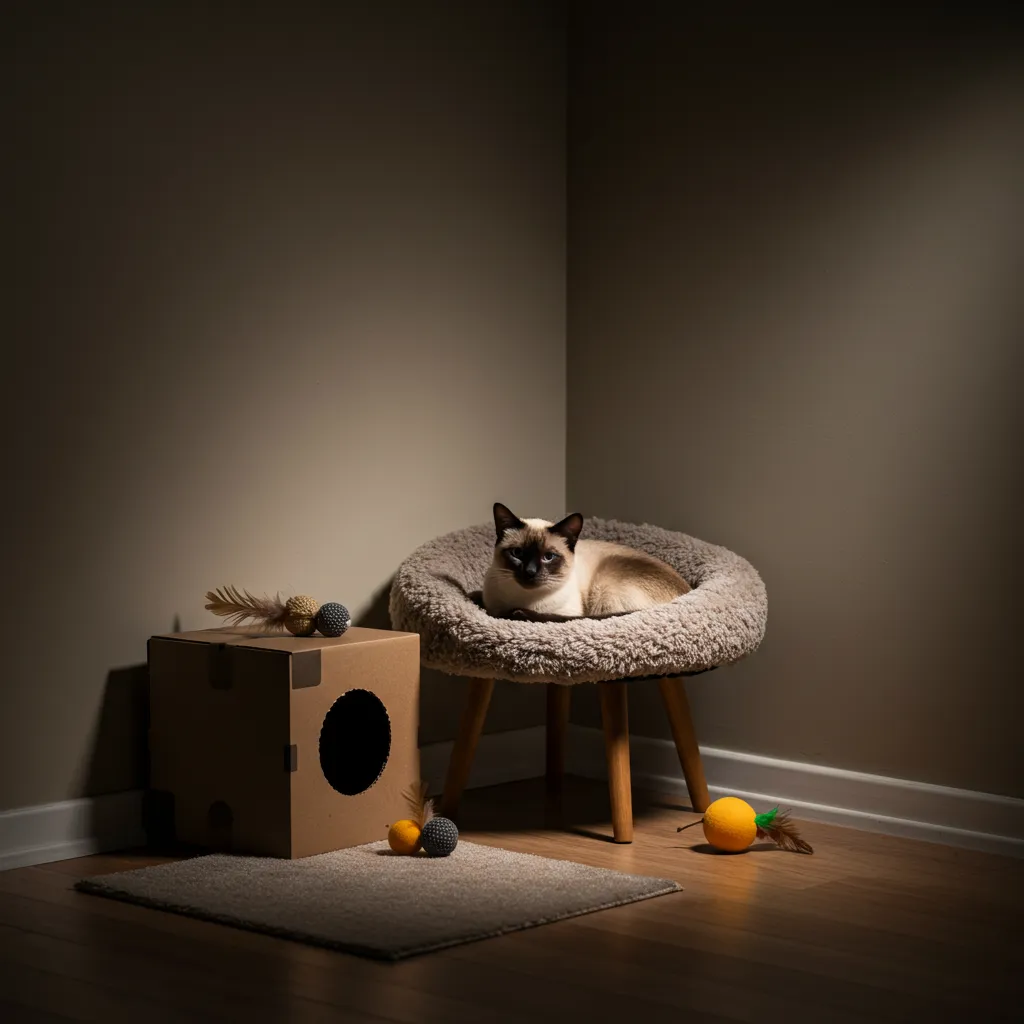 Safe space for a Siamese cat with a bed and toys.