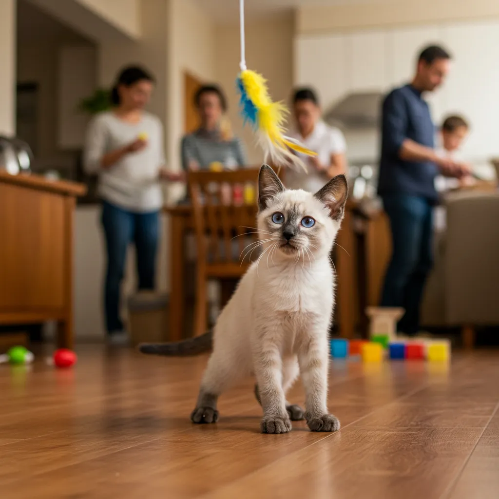 Siamese kitten socializing in a stimulating home environment.
