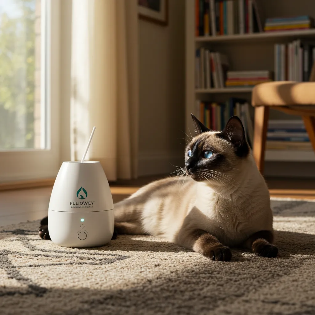 Siamese cat relaxed near a Feliway diffuser for anxiety relief.