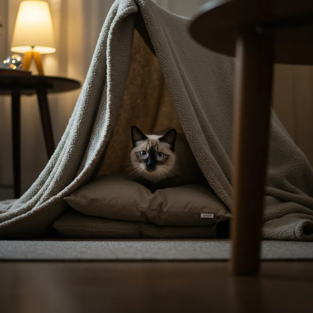 Siamese cat comfortably hiding in a blanket fort to feel secure.