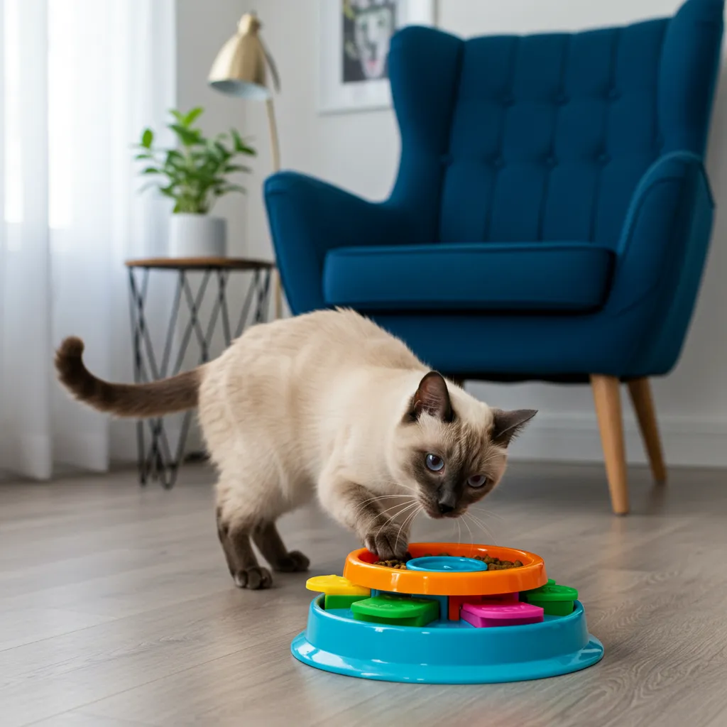 Siamese cat enjoying a puzzle feeder to stay mentally stimulated.
