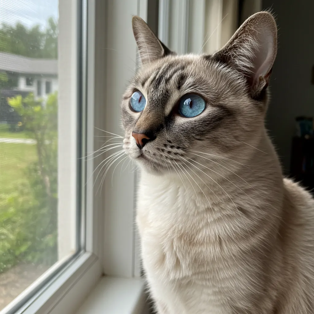 Siamese cat with blue eyes gazing out a window, curious about the outdoors.