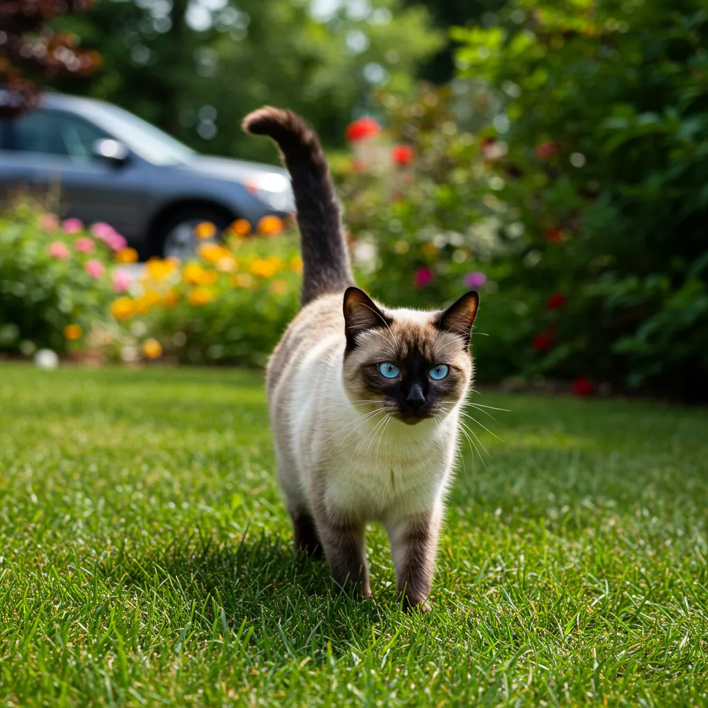  Siamese cat in a backyard near a road, highlighting outdoor dangers.