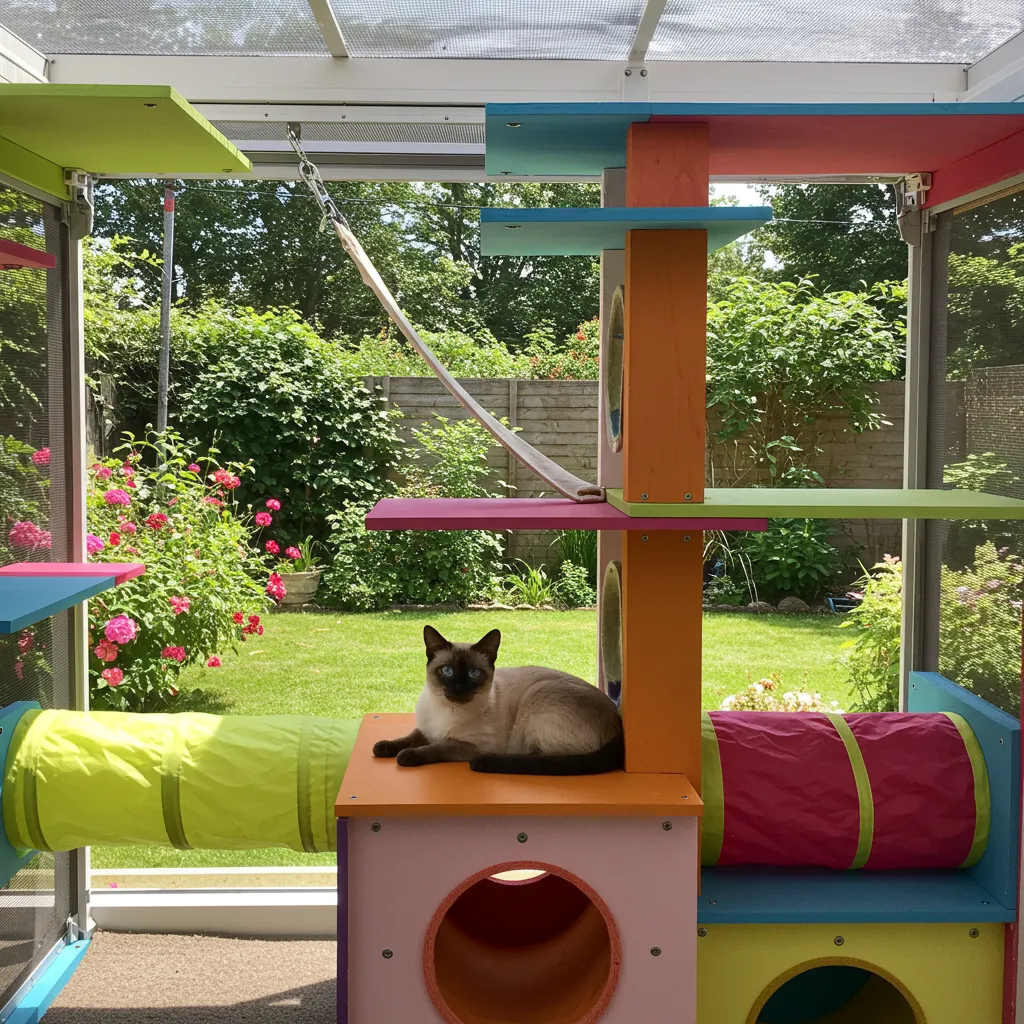 Siamese cat relaxing in a catio with climbing structures and garden view.