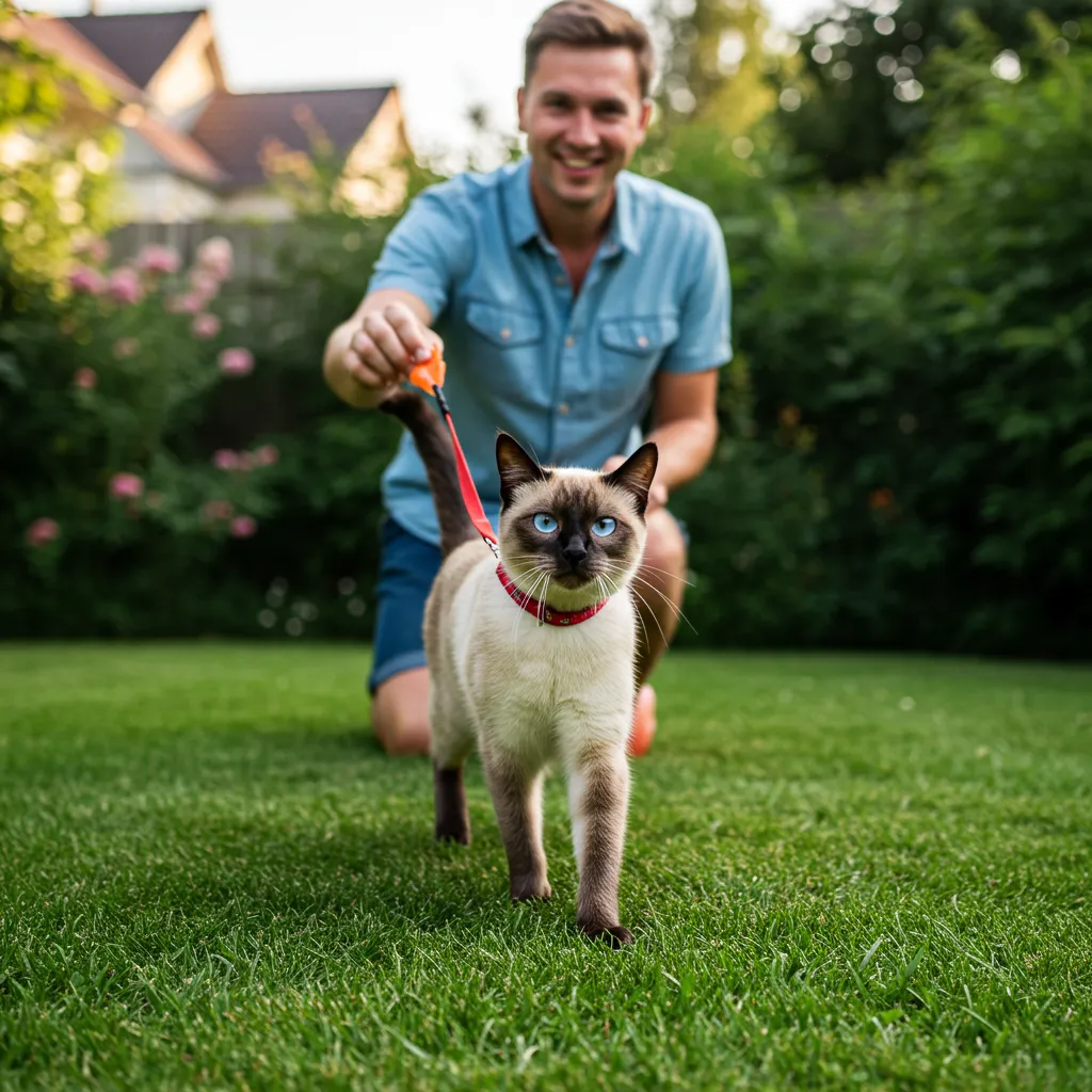 Siamese cat on a leash in a backyard, learning to walk with its owner