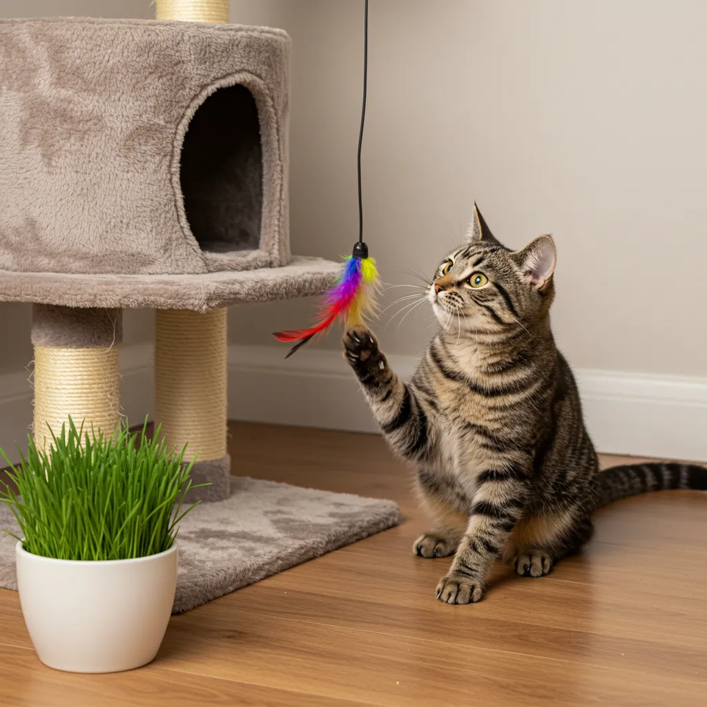 Cat enjoying toys and cat grass to prevent litter-eating behavior.