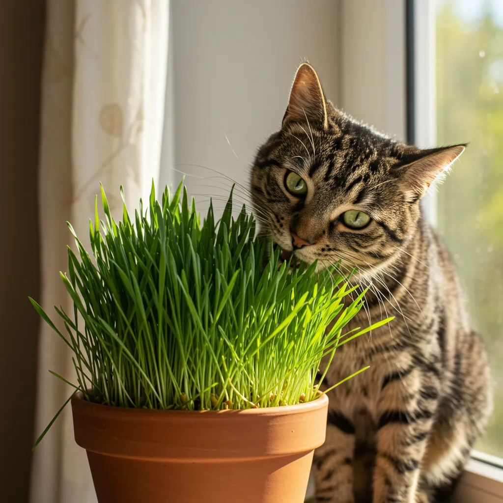 Cat chewing on wheatgrass as a safe alternative to litter.
