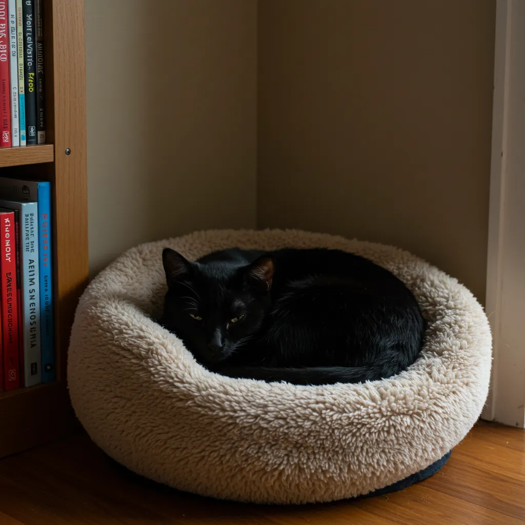 Cat resting in a cozy pet bed to calm down in a quiet environment.