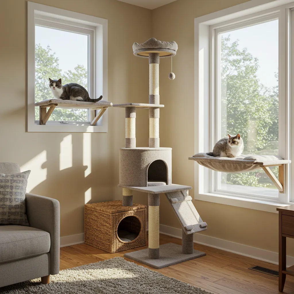 Calming cat environment with a cat tree and hiding box in a cozy room.