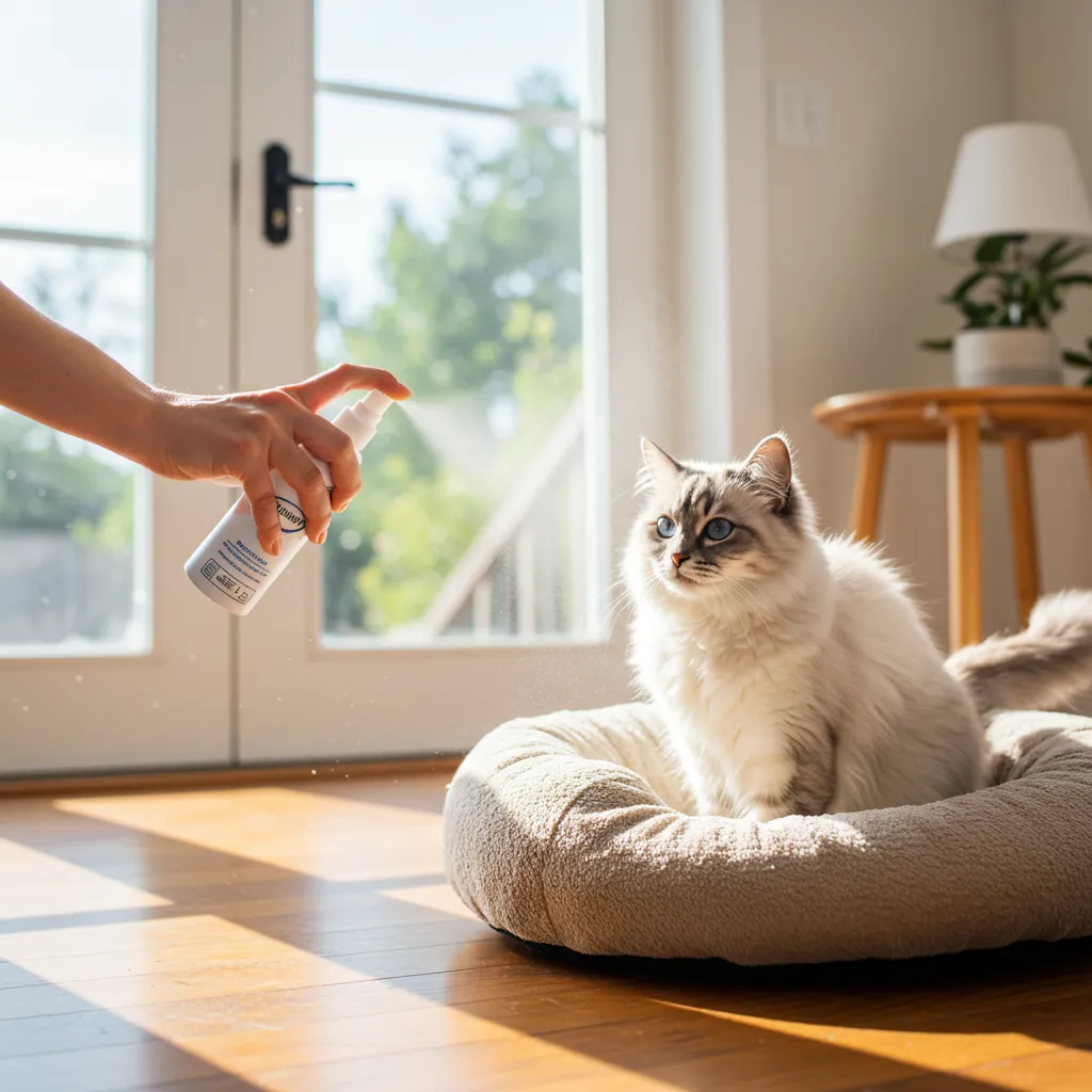 Spraying Feliway calming spray on a cat bed to soothe an angry cat.