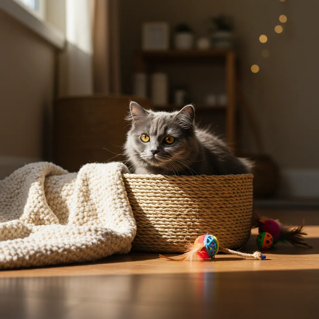 Rescue cat in a safe hiding box, building trust in a calm environment.