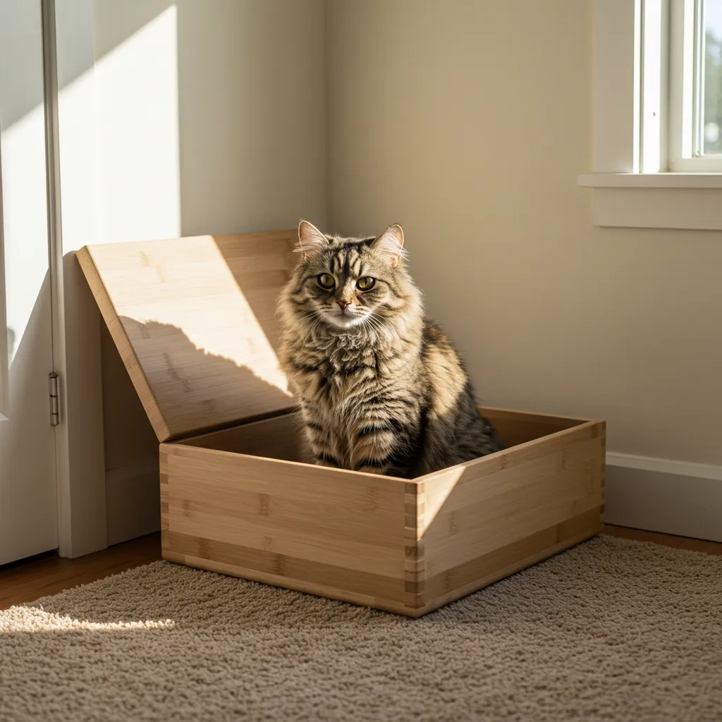 Fluffy tabby cat Meow in a clean litter box, looking curious.
