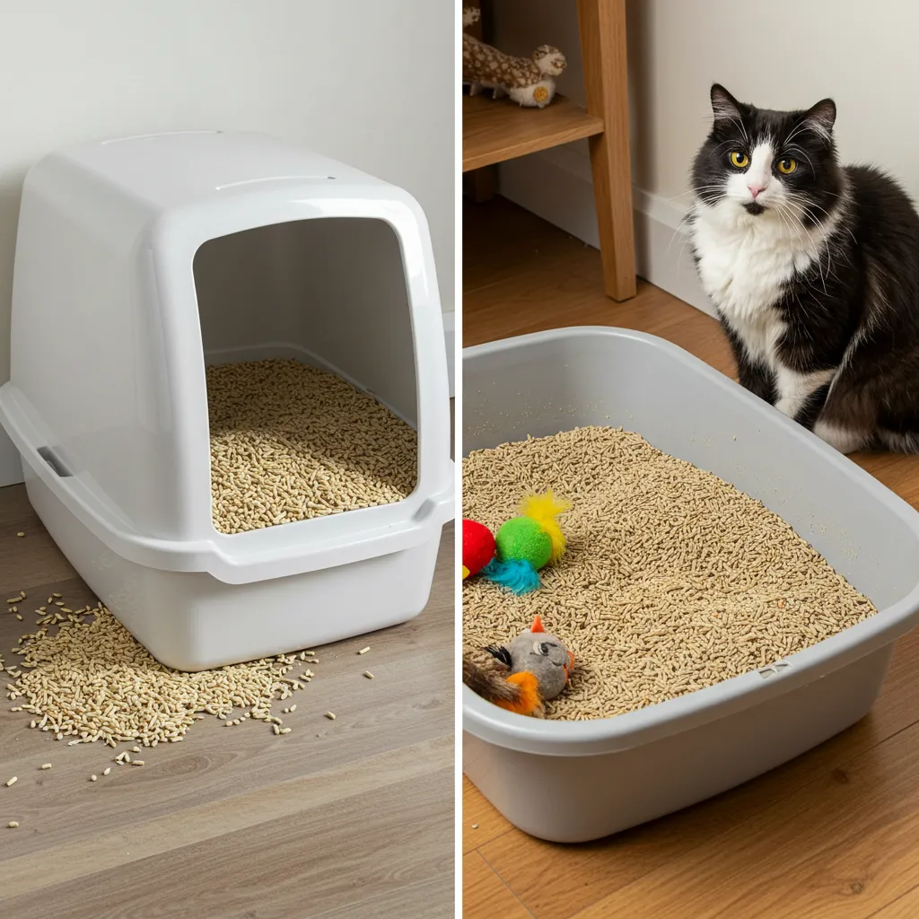 Split image of clean and dirty litter boxes with a cat near the dirty one.