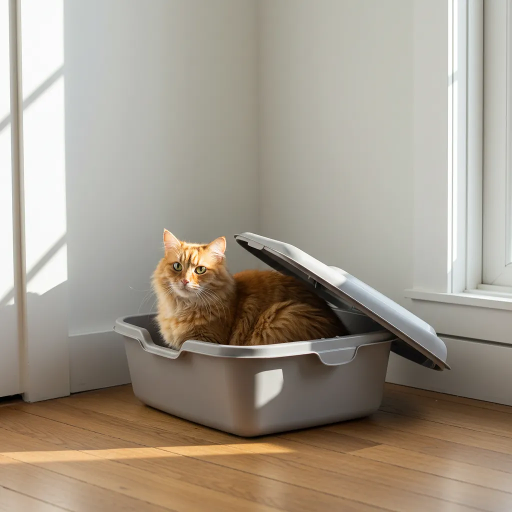 Cat in a spacious litter box in a peaceful home corner.