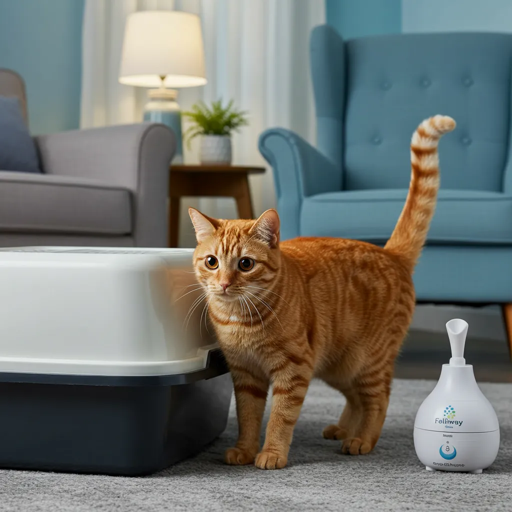 Anxious cat near litter box with a Feliway diffuser in a cozy room.
