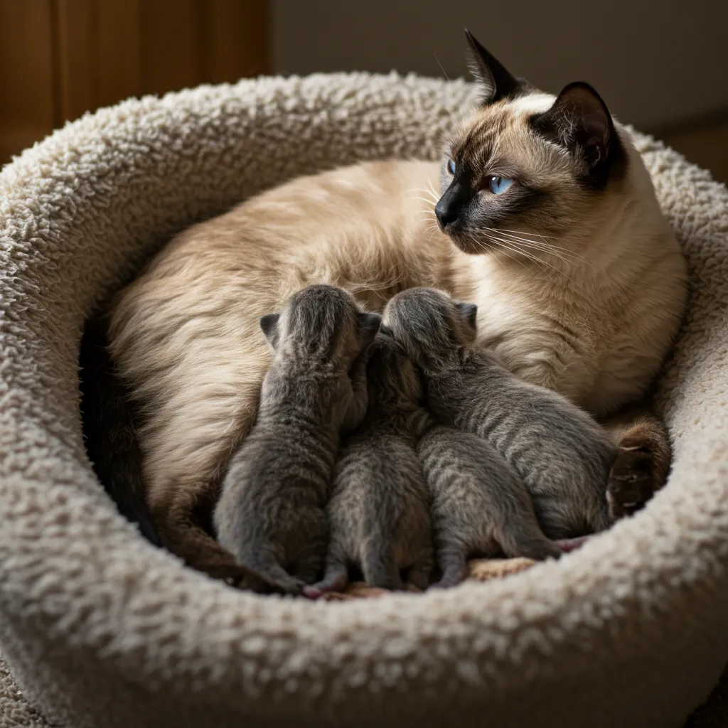Nursing cat with kittens in a cozy nest, demonstrating healthy cat milk production.