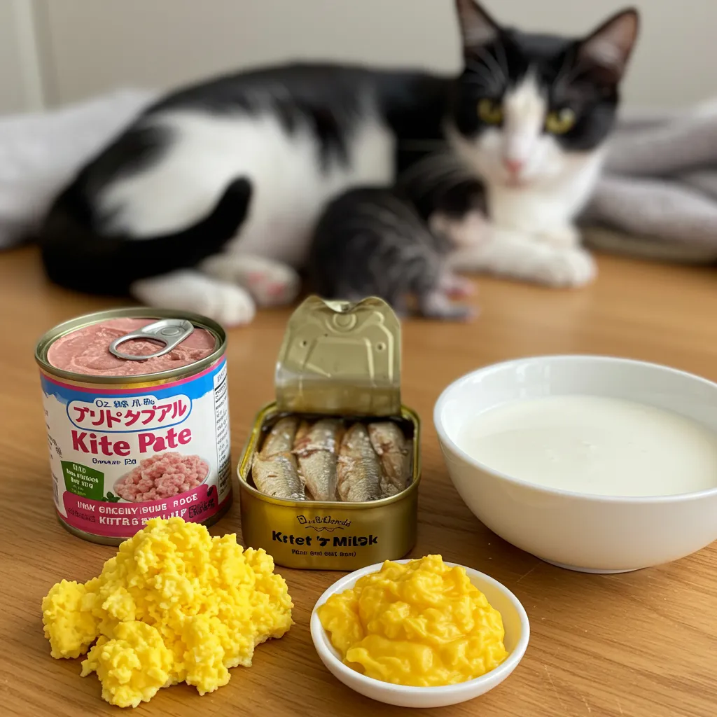 Array of cat milk booster foods, including wet kitten food and goat milk for lactating cats.