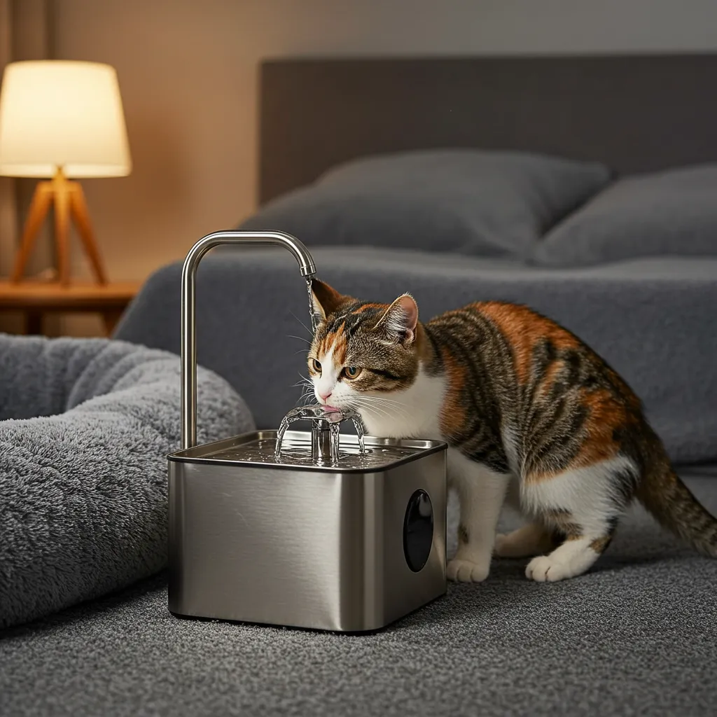 Nursing cat drinking from a water fountain to support hydration and milk production.