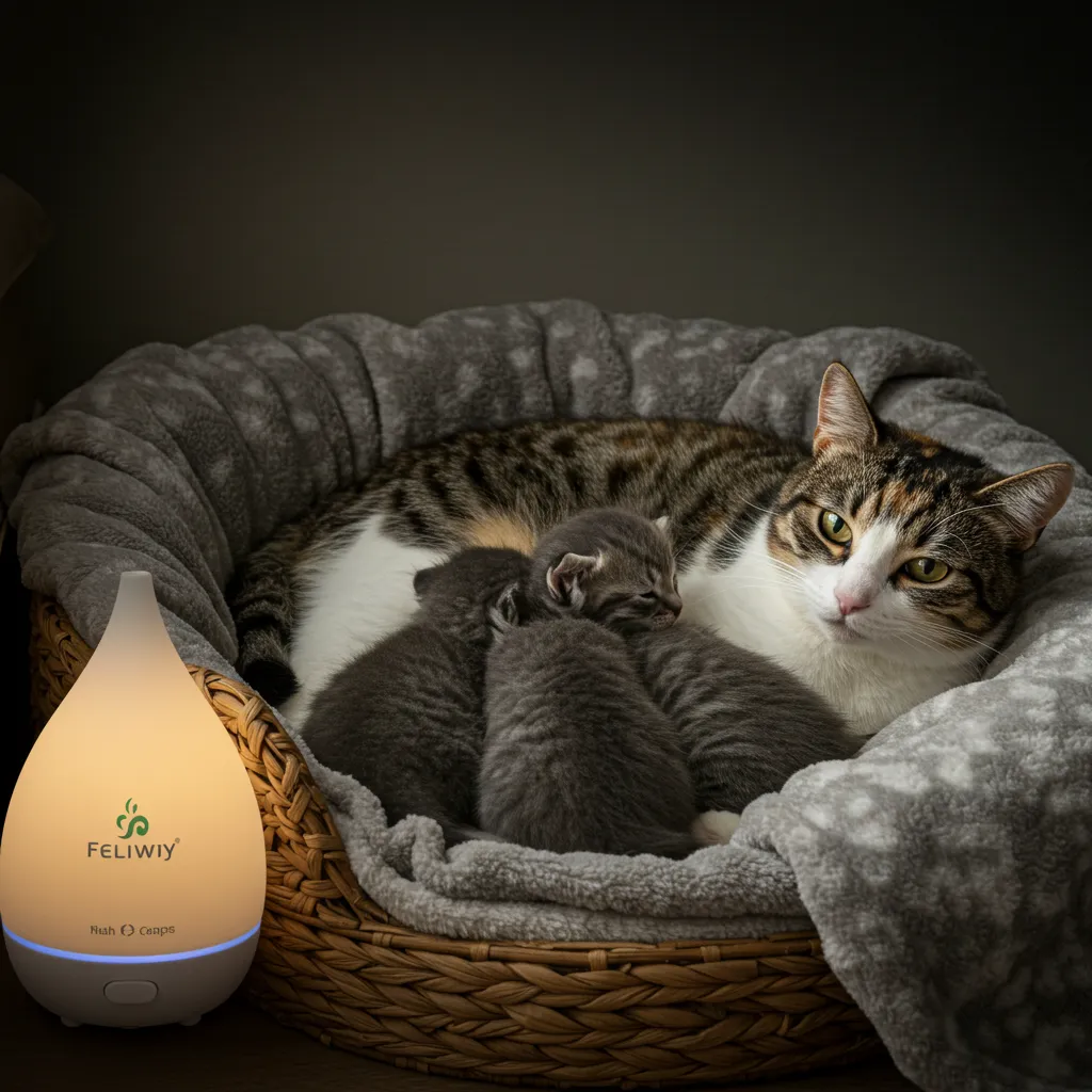 Stress-free nesting setup for a nursing cat to boost milk production.