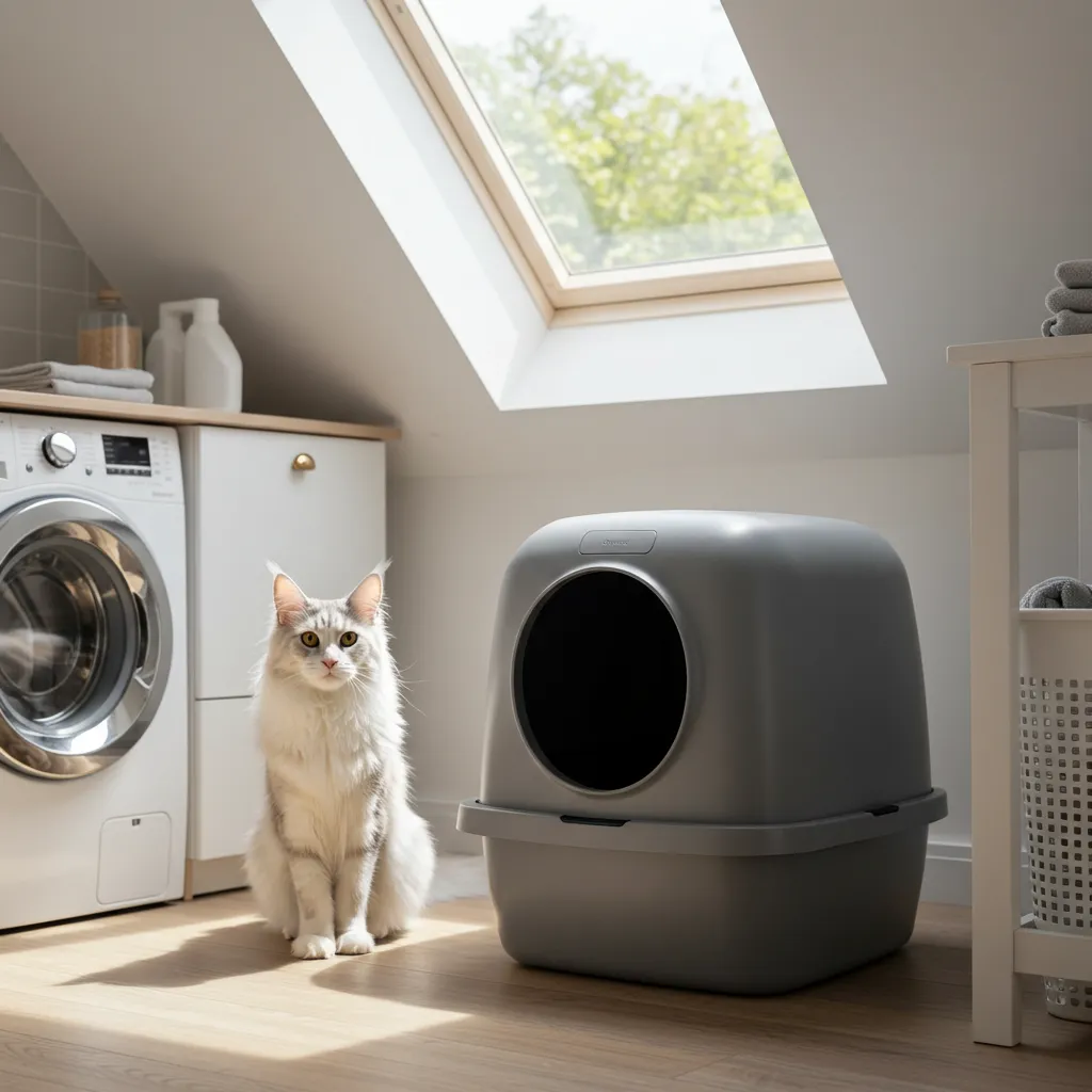 Clean cat litter box with a happy cat in a bright room.