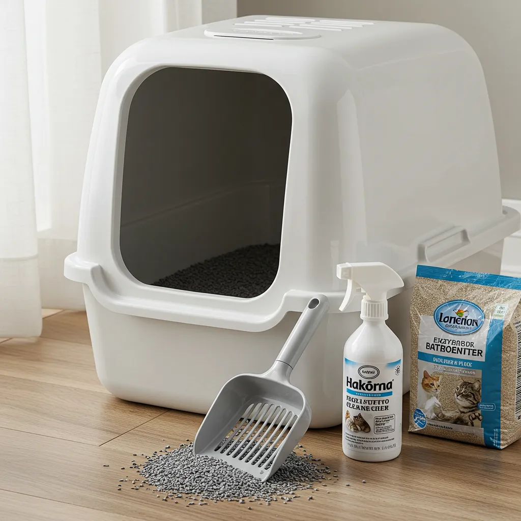 Freshly cleaned cat litter box with cleaning tools
