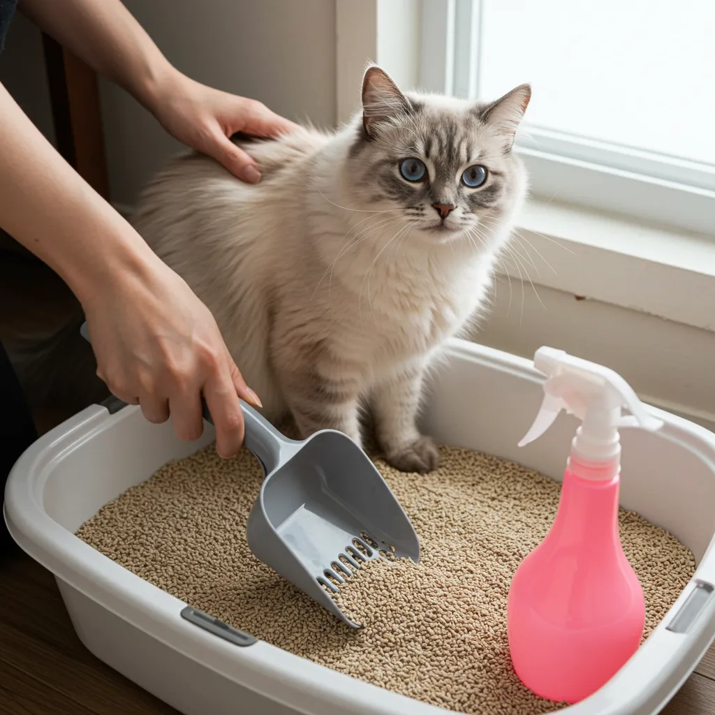Cat observing litter box cleaning."