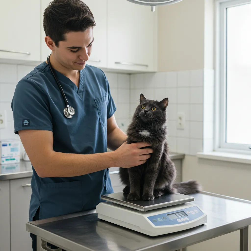  Veterinarian weighing a cat on a digital scale in a clinic.
