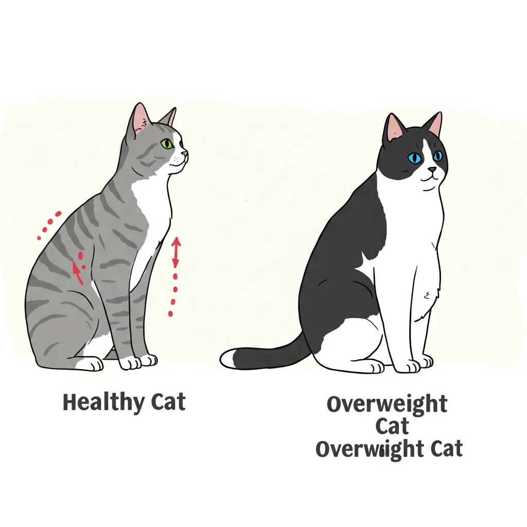 Comparison of healthy vs. overweight cat silhouettes highlighting waist and belly differences.