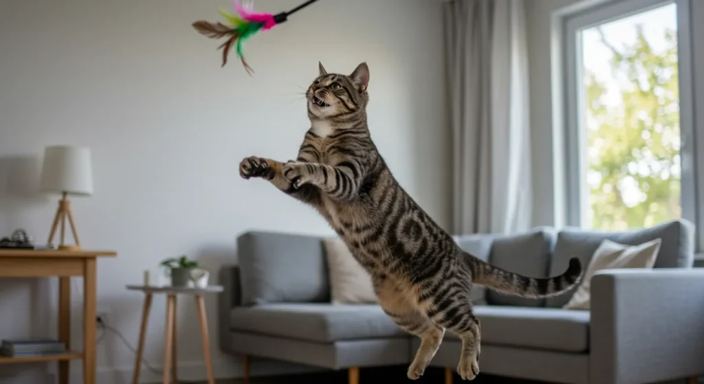 Cat leaping to catch a feather wand toy during playtime.
