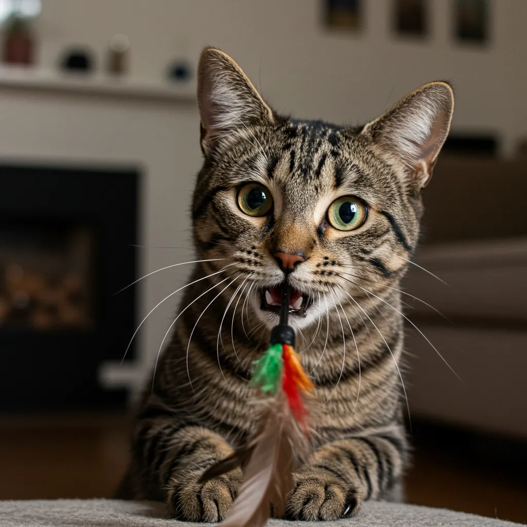 Tabby cat growling playing while chasing a feather toy in a living room.