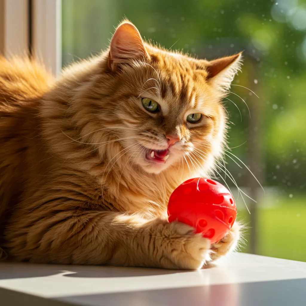 Orange cat growling excitedly while playing with a crinkly ball on a windowsill.