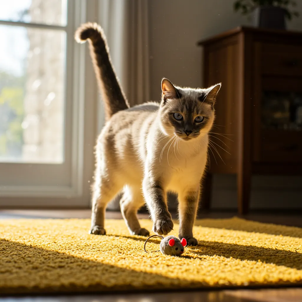 Siamese cat pouncing playfully on a toy mouse with ears forward and tail up.