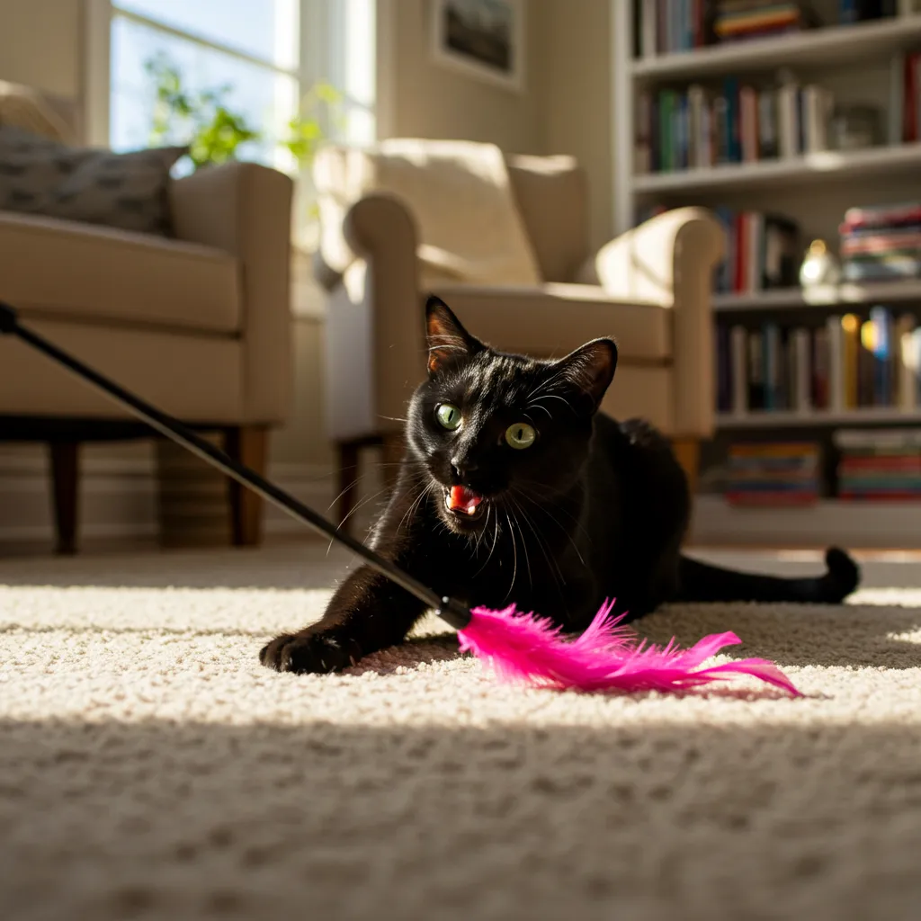 Black cat playing with a feather wand toy in a cozy home.