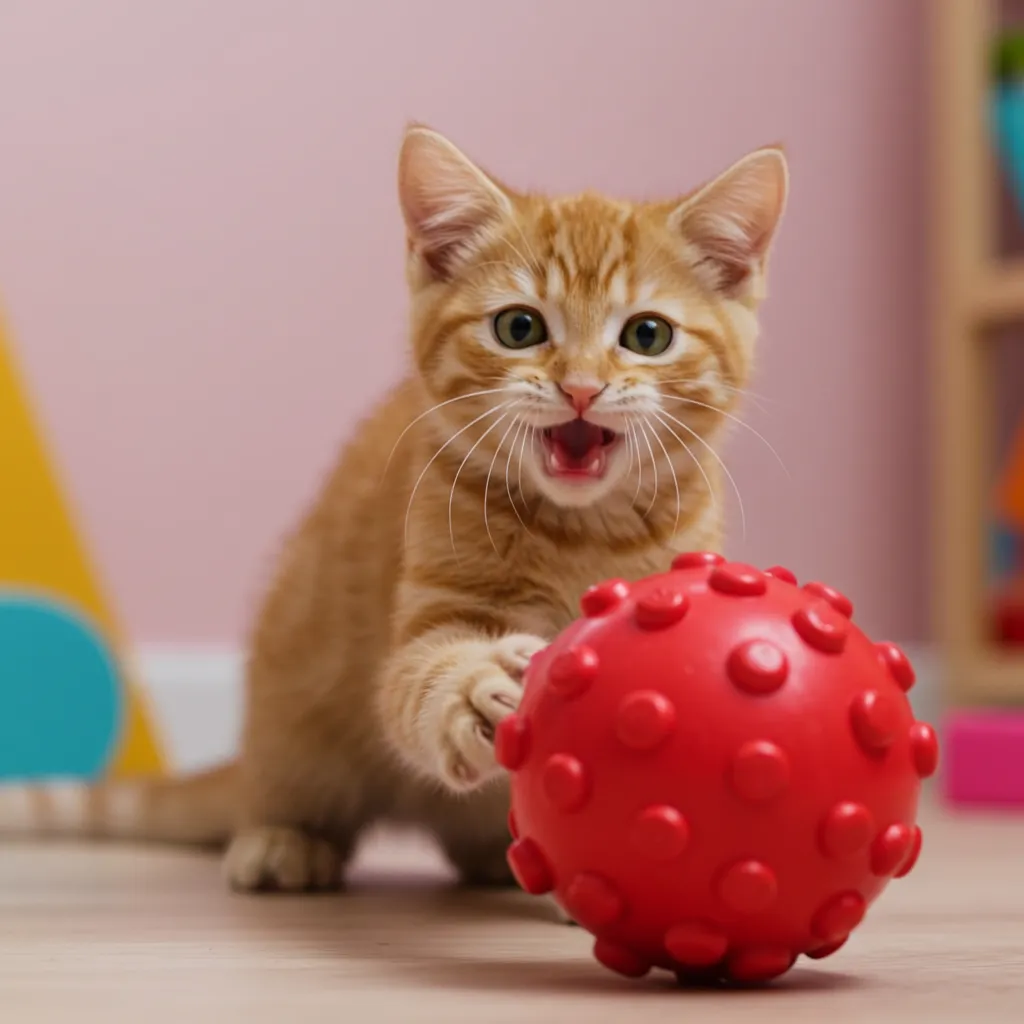 Kitten playing with a rolling ball toy in a vibrant TikTok-style scene.