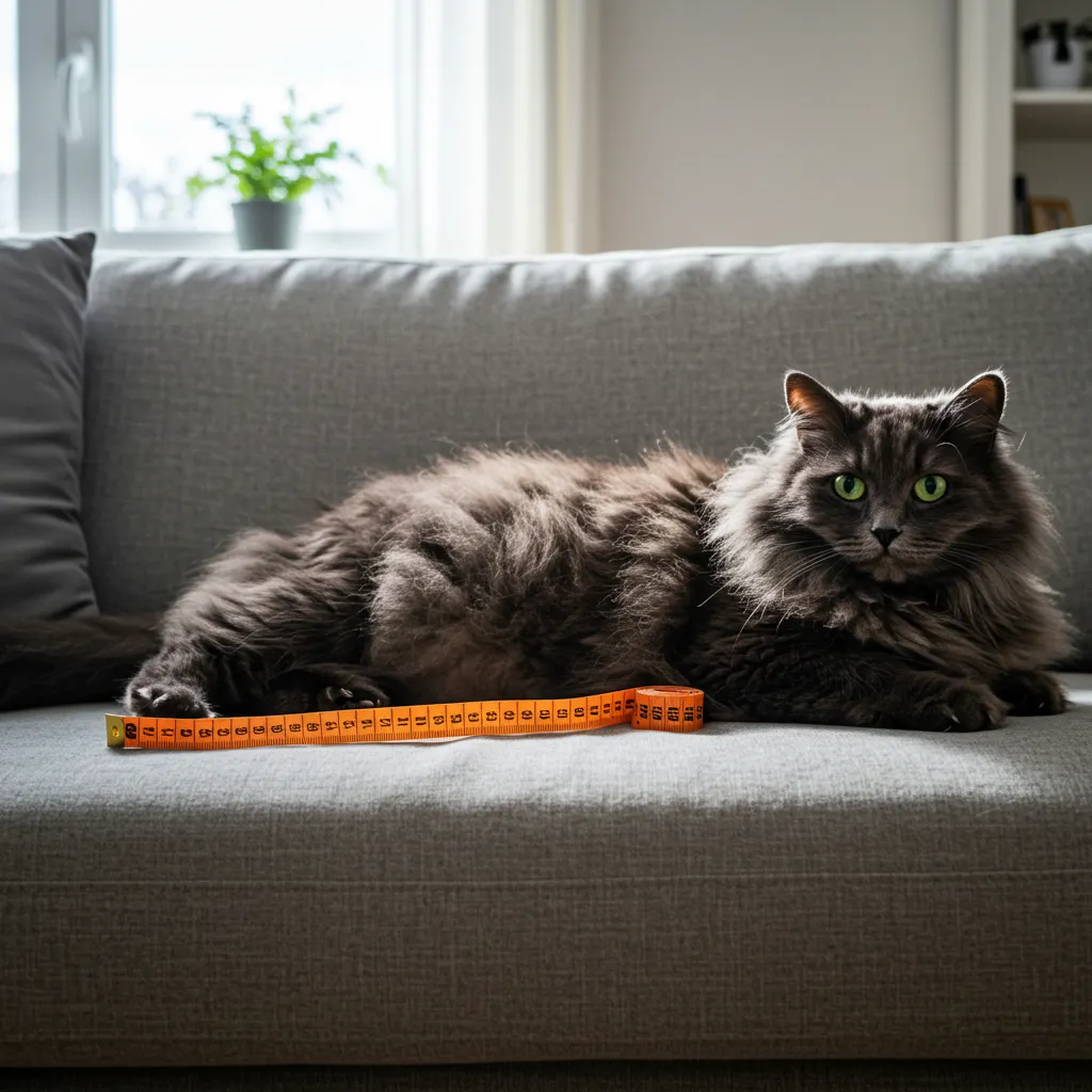 Fluffy cat on couch with measuring tape, illustrating cat weight gain concerns.