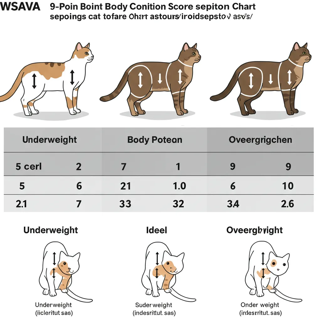 WSAVA cat body condition score chart showing underweight, ideal, and overweight feline profiles.
